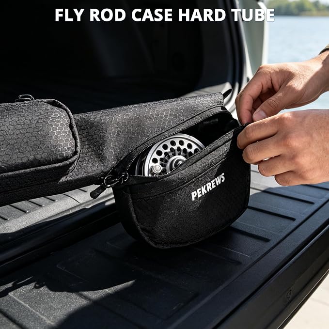 PEKREWS Fly Rod Case, 30.5" Fishing Rod Bag Fit 9' 4-Piece Fly Rod and Reel with 2 Side Pockets, Padded Reel Pouch, Hard Travel Fly Rod Tube with Shoulder Strap, Fishing Pole Holder For Angler, Blue