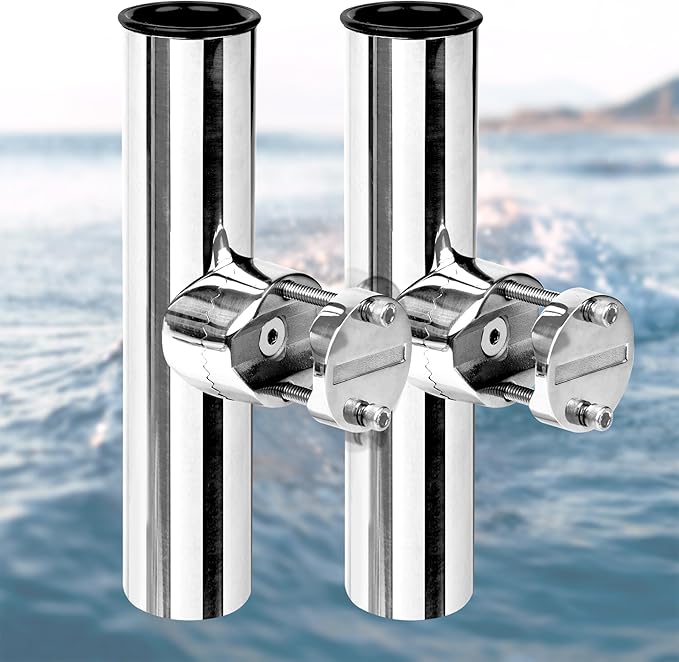 2 Pack Fishing Rod Holders for Boat Rail Mount, Stainless Steel Clamp on Rod Holder for Marine Boat, Fishing Boat, Pontoon, Jon Boat