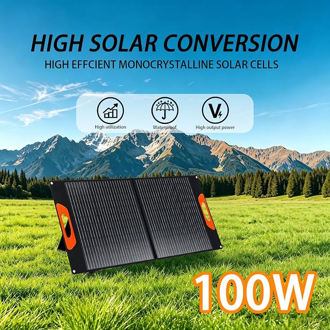 100W Portable Solar Panel, Monocrystalline ETFE Solar Charger with 23.5% High Conversion Efficiency, Foldable Solar Panel with MC4 Output for Portable Power Station, Camping, RV, Outdoor Emergency