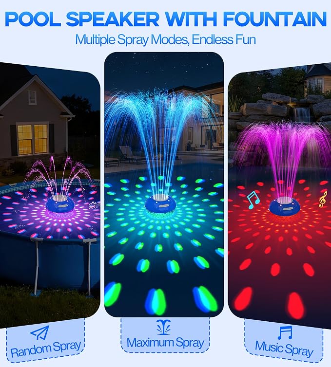 Luxfero 3 in 1 Pool Fountain with Bluetooth Pool Speaker, Floating Pool Fountain with Lights, IP68 Waterproof Hot Tub Speaker Pool Water Fountain Pump, BT5.4, Loud Sound Pool Fountain Speaker-Blue