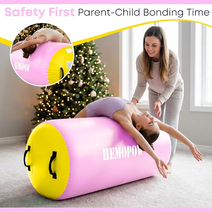 Inflatable Gymnastics Air Barrel Roller with Electric Pump, Heavy Duty PVC Tumbling Barrel Back Handspring Trainer, Air Tumble Track Mat for Home Gym, Cheerleading, Yoga Practice