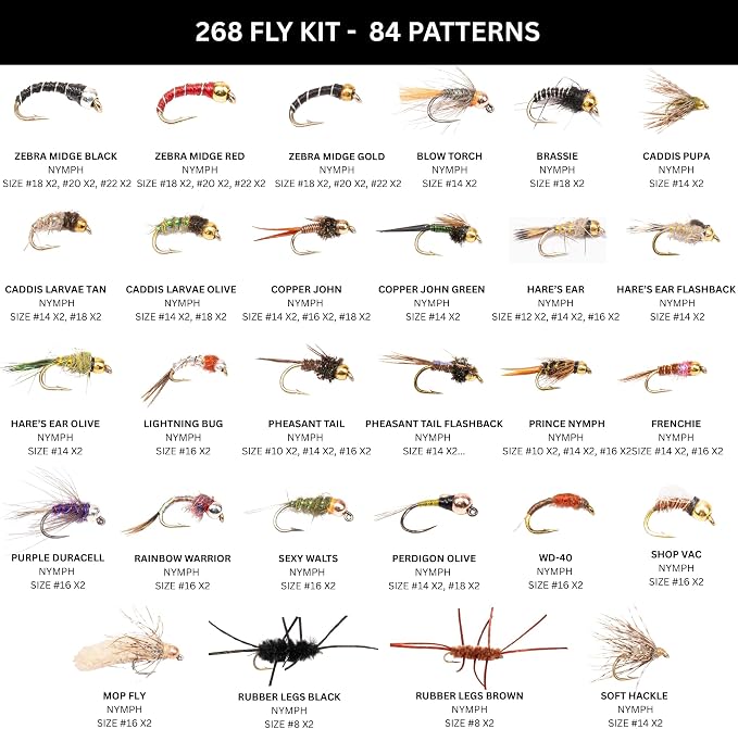 64-268 Piece Fly Fishing Flies Kit | Premium Hand Tied Trout Flies Assortment | Dry Flies, Nymphs, Streamers, Wooly Buggers, Terrestrials | Fly Box, Fly ID Card | Bass, Panfish