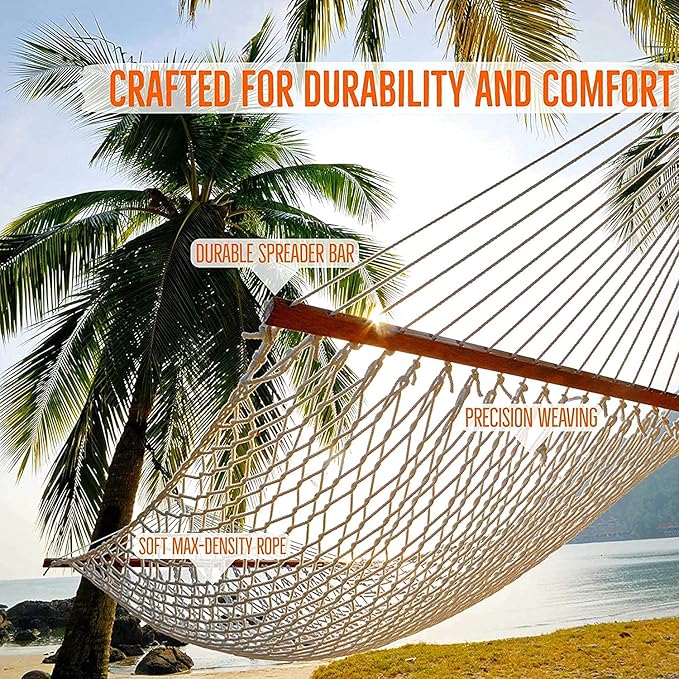 Castaway Living 13 ft. Double Traditional Hand Woven Oatmeal Cotton Rope Hammock – 2-Person, 450 lb Capacity, Free Extension Chains & Tree Hooks, Designed in The USA
