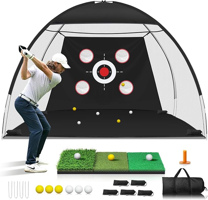 10x7FT Golf Net with Mat, Golf Practice Net for Backyard Garage Indoor Outdoor with Target Pockets for Driving Chipping Swing, for Men Women Dad Husband Golfer, Ideal Gift for Him