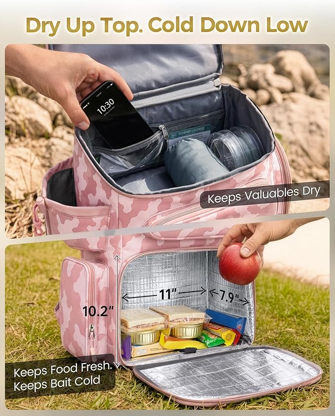 MATEIN Pro Fishing Backpack with 4 Tackle Boxes, 3600 Tackle Box Backpack | Fishing Bag with Rod Holder, Tackle Backpack with Large Side Gear Storage & Insulated Cooler Compartment, Fishing Gifts
