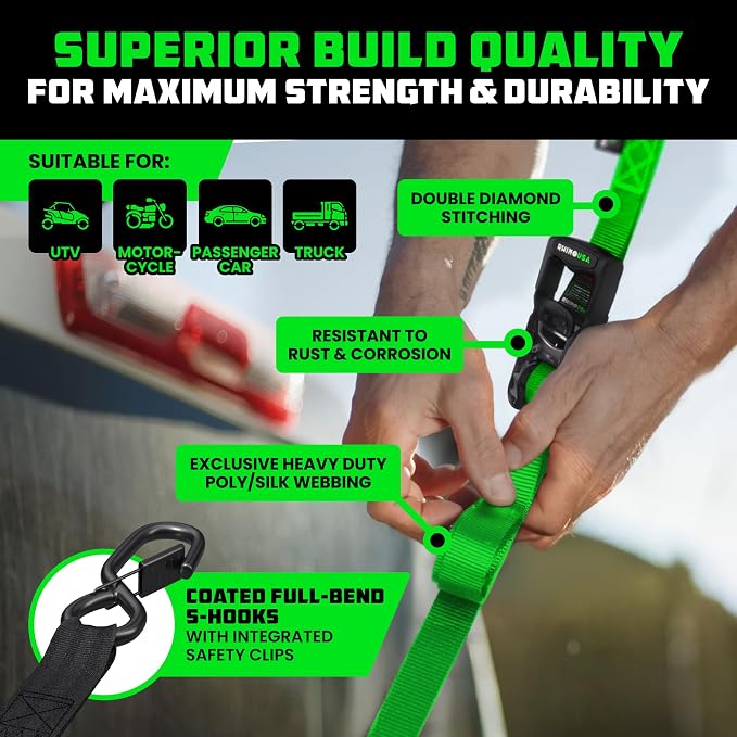 Rhino USA Ratchet Straps Heavy Duty Kit (4-Pack) - 1.6 Inch x 8 Feet Min Break Strength (5,000) - Ultimate Tie Down Straps with Safety S Hooks for Trucks, ATV, UTV, Motorcycle, Cargo & More - Green