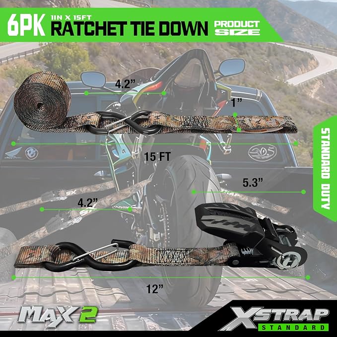 XSTRAP STANDARD 4-Pack Ratchet tie-Down Straps (1" x 15 ft) Feature Integrated Soft Loops, Padded Handles, Coated S-Hooks with Safety Clips, 1890 lbs Break Strength for Motorcycles, Trucks(Camouflage)