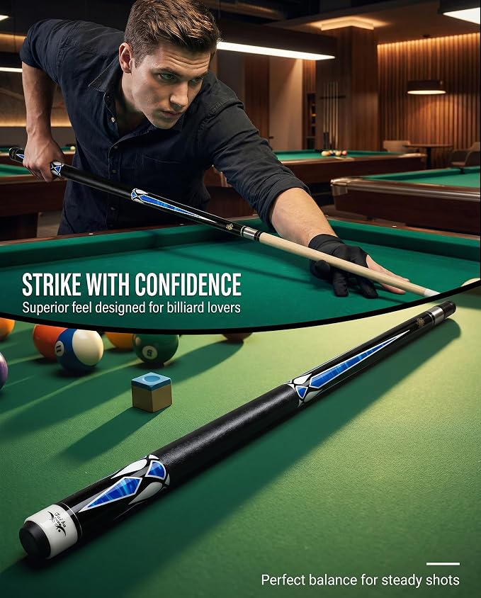 Tai ba cues 2-Piece Pool cue Stick + Hard Case, 13mm Tip, 58", Hardwood Canadian Maple Professional Billiard Pool Cue Stick 18,19,20,21,22 Oz Pool Stick (Selectable)-Blue, Black, Red, Gray, Green