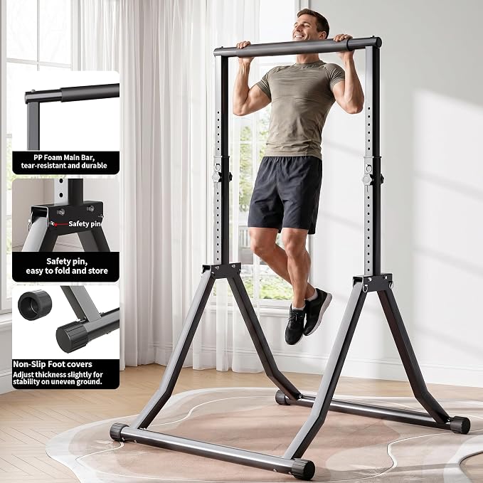 Foldable Power Tower Dip Station for Pull Ups, 66.1"-84.6" 12 Level 700 LBS, Adjustable Dip Handles & Assistance Bands Foldable Home Gym Equipment
