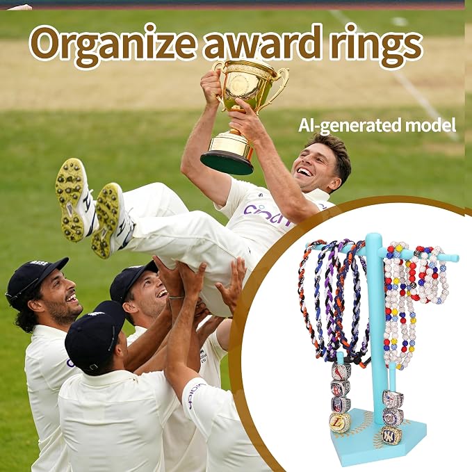 Baseball Ring Display Holder for Championship Rings & Necklaces, Wooden Sports Jewelry Organizer with Bat Stand for Baseball Softball Players, Athlete Gift Display Case for Rings Bracelets Medals,blue