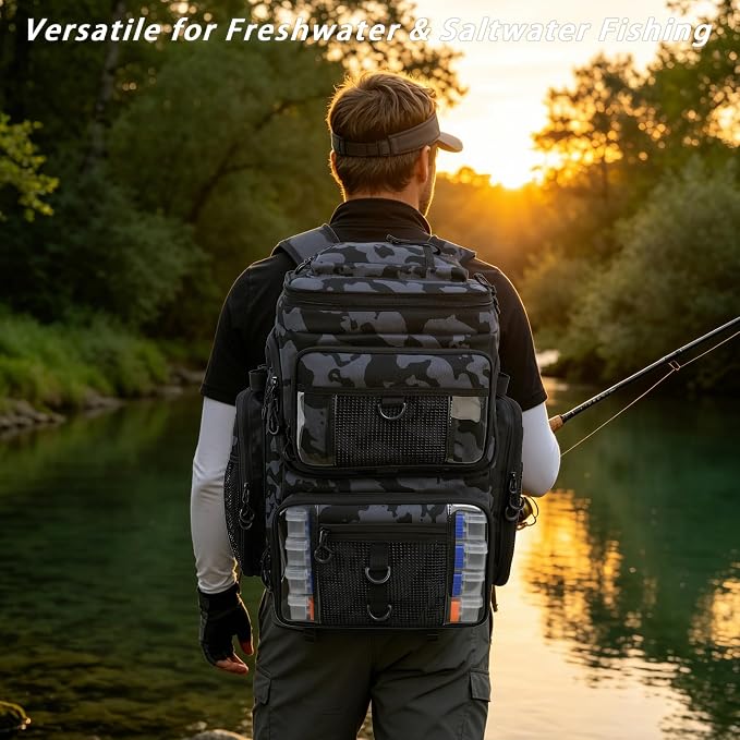 Fishing Backpack with 4 Tackle Boxes, 55L Large Tackle Box Backpack with 4 Rod Holders, Waterproof 900D Tackle Backpacks with Cooler & Clear Gear Windows, Fishing Gifts for Men Women,Camouflage Black