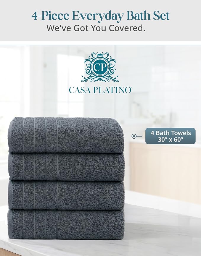 Casa Platino 100% Cotton 4 Pack Bath Towels Set (30"x60") - Ring Spun, Large Cotton Towels for Bathroom - Quick Dry, Soft & Absorbent Bath Towel Set - Remains Soft After Multiple Washes - Cool Grey