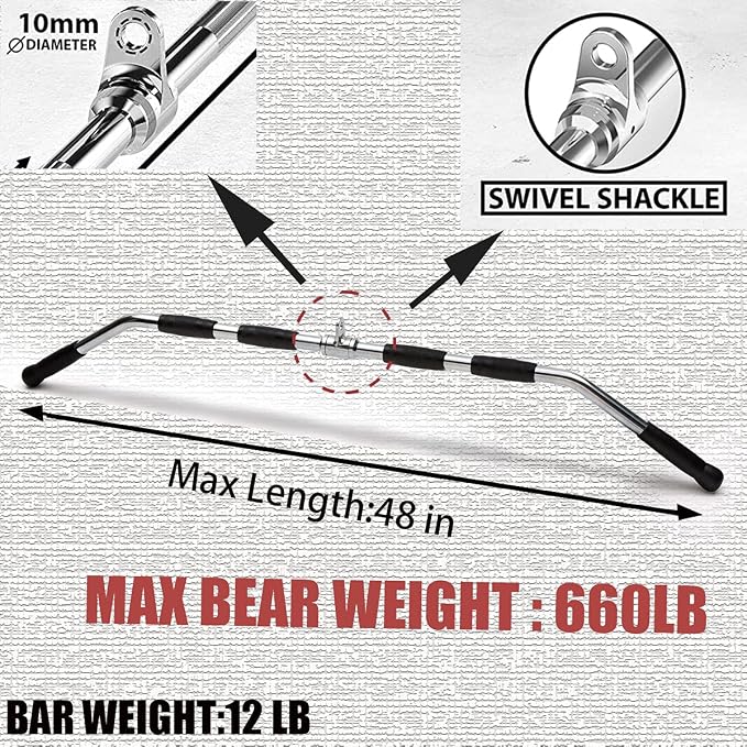 LAT Bar Cable Attachment with Rubber Handgrips, Deluxe Heavy Duty Solid Curl Bar Revolving Hanger Home Gym Cable Attachments