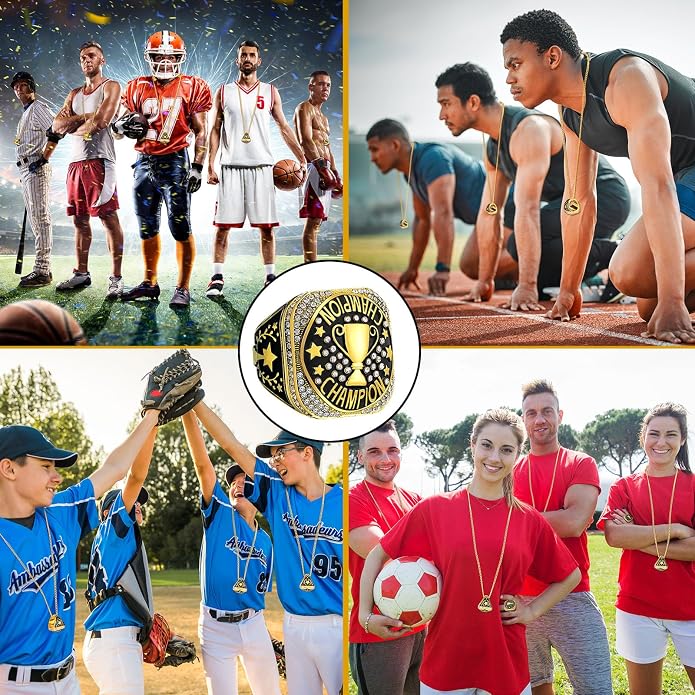 Highergo 20 Pcs Baseball Softball Basketball Football Champion Rings with Display Neck Chain and Stand Volleyball Soccer Cheer Trophy Rings Bulk for Tournament Award Gift