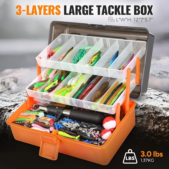 PLUSINNO Large 3 Layers Fishing Tackle Box Lures Kit with Tackle Included | Gifts for Men Kids Starter Kits, Tackle Included, Portable Fishing Gear with Pliers, Baits, Hooks, Weights Accessories