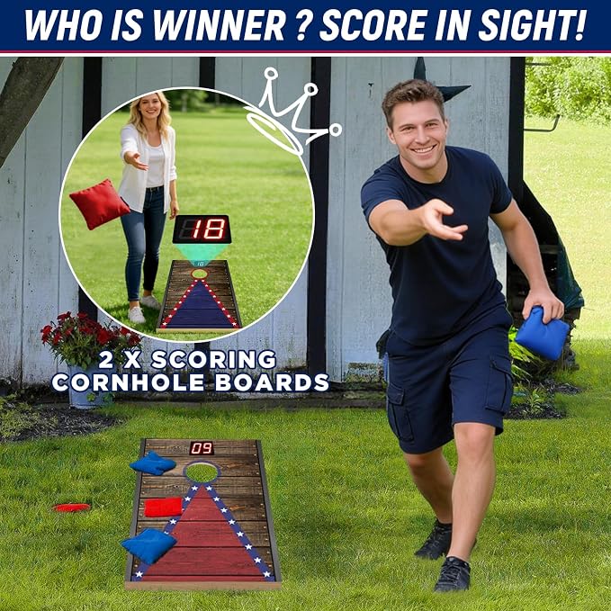 Electronic Cornhole Board Set (2x1ft) - Automatic Scoring Corn Hole Game for Adults & Kids - Infrared Sensing Wood Set with 8 Bags & Carry Case for Backyard, Party & Tailgates