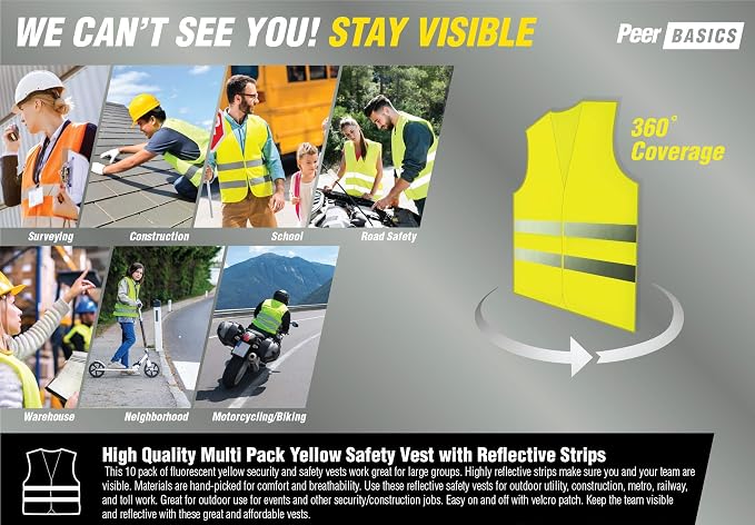 PeerBasics, 20 Pack, Yellow Reflective High Visibility Safety Vest, Hi Vis Silver Strip, Men Women, Work, Cycling, Runner, Construction (Mesh, 20)…