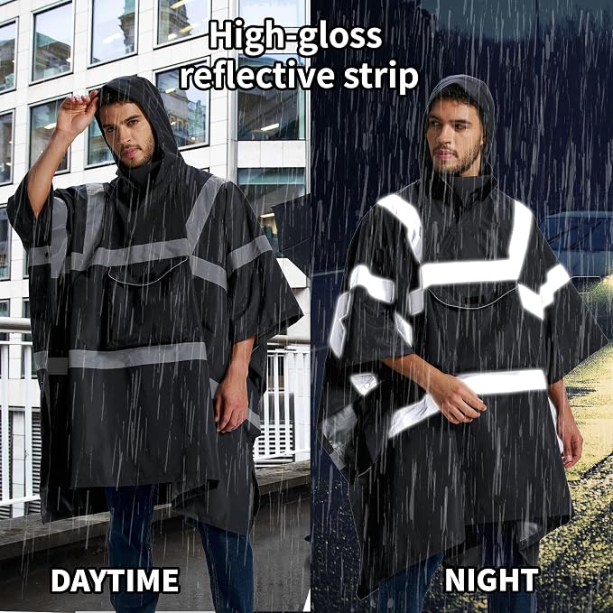 SRsafety Hi Vis Rain Poncho,High Visibility Rain Ponchos for Adults with Pocket,Safety Rain Jacket Stowable Conjoined Cap