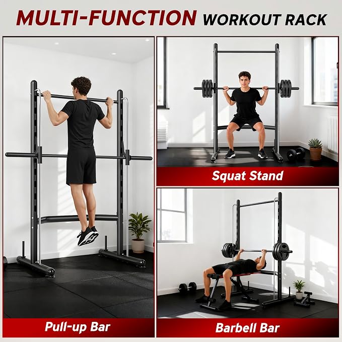 Soozier Squat Rack with Pull-Up Bar, Adjustable Power Rack with Barbell Bar, Multi-Functional Steel Bench Press Rack for Home Gym Strength Training, Black