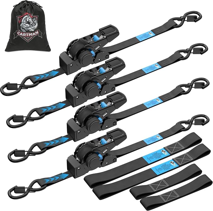 CARTMAN 4-Pack Retractable Ratchet Straps, 1” x 10’ 1500lbs Break Strength, Heavy Duty Tie Down Straps with Soft Loops, Ideal for Trucks, Trailers & Cargo