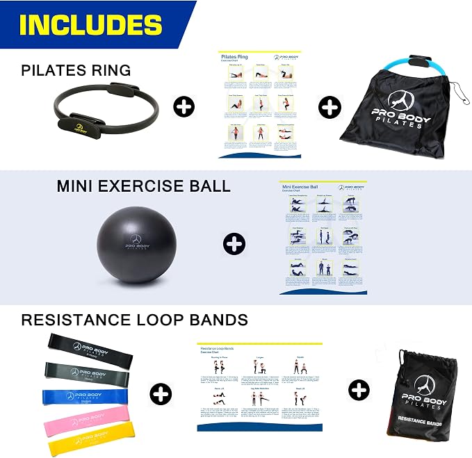 ProBody Pilates Home Workout Bundle (3pcs) - Black 14" Magic Circle, 9" Mini Exercise Ball and 5 Resistance Bands Bundle for Stability, Barre, Yoga, and Physical Therapy