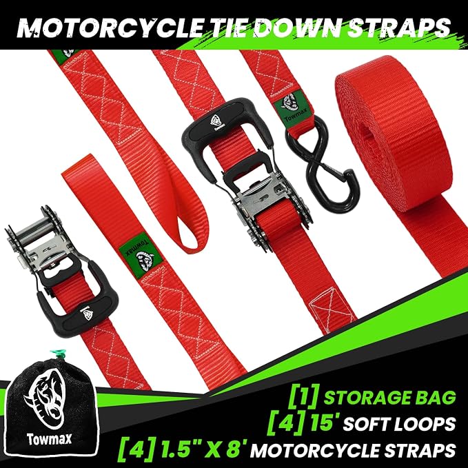Ratchet Straps Heavy Duty 4 Pack -1.5 Inch x 8 Feet (5,208LB Break Strength)- Motorcycle Tie Down Straps -1.5xThickened Wear-Resistant Ratchet Tie Down Set for Powersports, Motorcycle or Moving Cargo