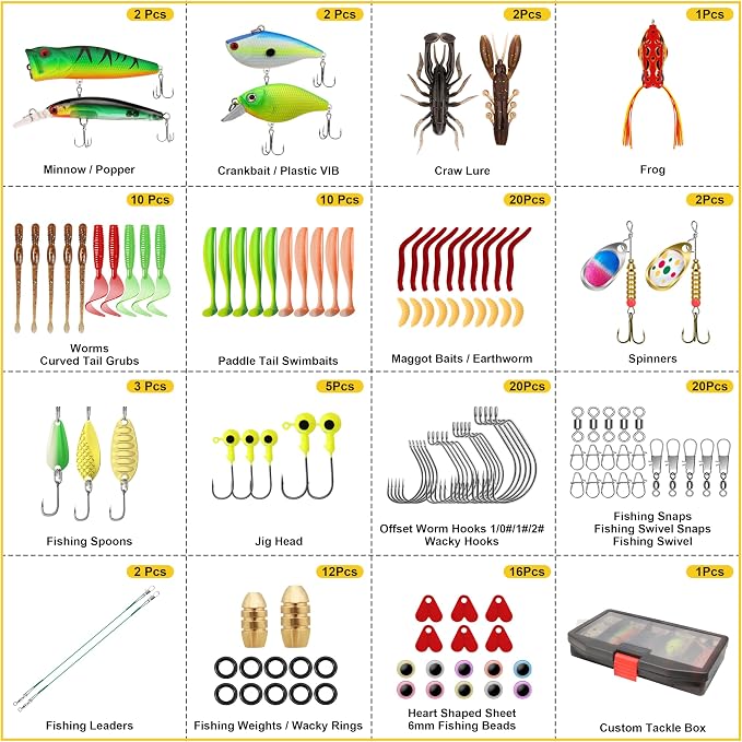 GOTOUR 128/209/240/265pcs Fishing Lures Kit with Tackle Box, All-in-1 Fishing Accessories Gear Set with Soft Lure, Minnow, Crankbait, Hooks, Sinkers, and Terminal Tackle Kit, Fishing Gifts for Men