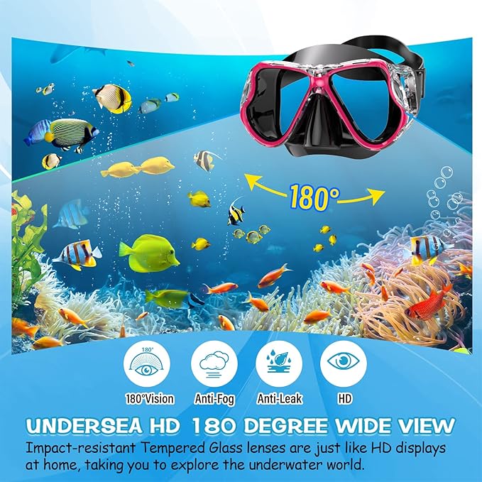 Greatever Dry Snorkel Set,Panoramic Wide View Anti-Fog Scuba Diving Mask,Professional Snorkeling Gear for Adults Kids