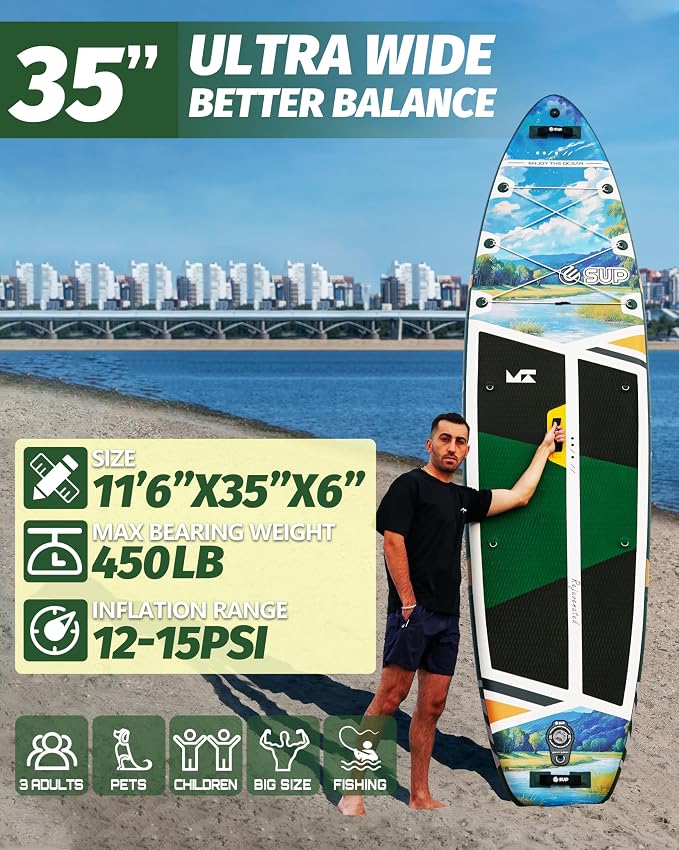 ESUP Extra Wide Inflatable Paddle Board 11’6" ×34/35" ，Super Stable Stand Up Paddleboards for 2 Person/Family/Large Size, Inflatable SUP with Paddle, Pump & Shoulder Strap