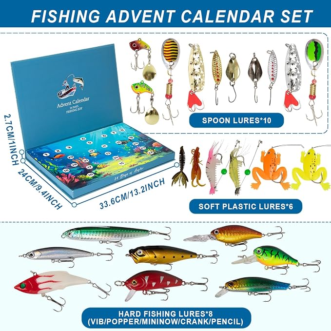 Fishing Advent Calendar 2026 Christmas Countdown, 24 Days Lure Fishing Kit，Xmas Fishing Gift for Fisherman Adult Men Teen Boys