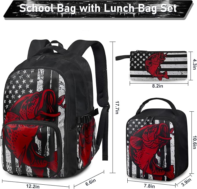 Fishing Backpack Set for Boys, Kids Fishing School Backpack with Lunch Box Pencil Bag, with for Students
