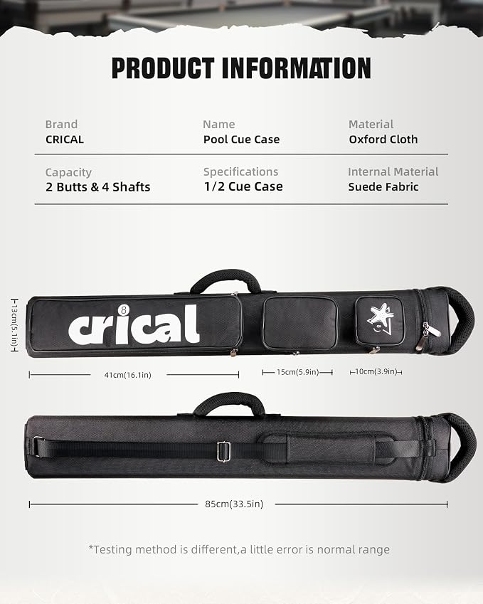 CRICAL Pool Cue Case 2x4 Hard Pool Stick Case Holds 2 Butts and 4 Shafts for Adults Billiard Cue Case with Soft Shoulder Straps