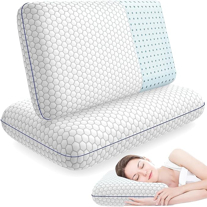 CushyOasis 2 Pack Memory Foam Pillows for Side, Back and Stomach Sleepers, Bed Pillow with Washable Cover and Breathable Mesh, Bed Pillow for Sleeping, Grey, Standard Size