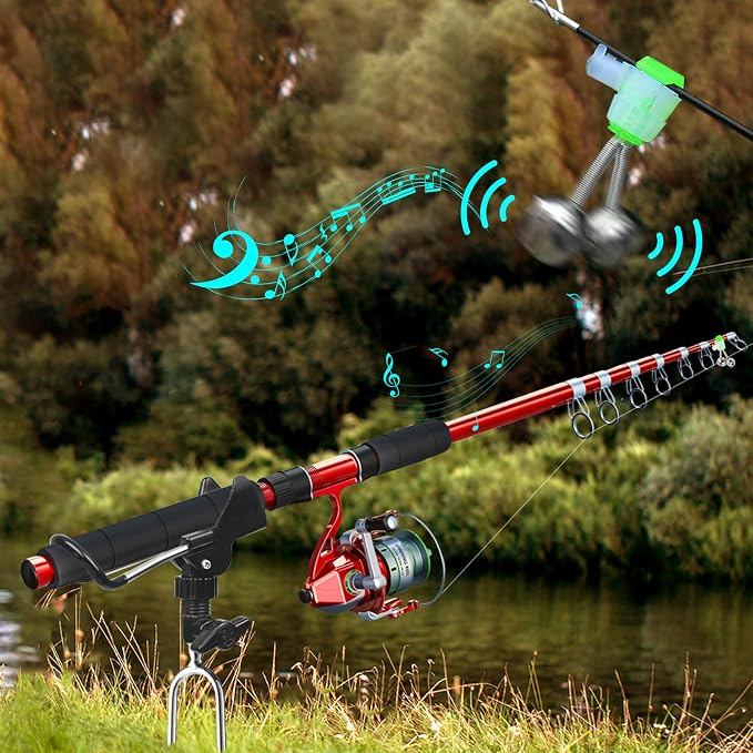 Aluminum Bank Fishing Rod Holder with 10 Fishing Bells - Heavy Duty Ground Spike Fish Pole Stand Rack for Shore, Surf, Beach Fishing - Great for Men