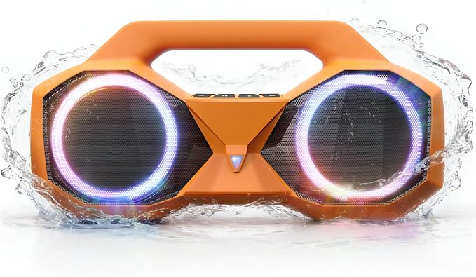 OZJ Bluetooth Speaker Outdoor Loud: 80W(Peak) with Bass, Portable Wireless Speaker with IPX7 Waterproof, 20H Playtime, RGB Lights, TWS for Outside, Beach, Work (Orange)
