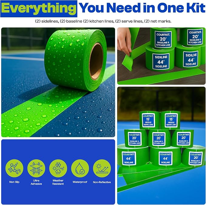 Pickleball Court Marking Kit | Pre-Measured Lines for Indoor/Outdoor Use | Pre-Measured & Pre-Cut, Ready-to-Apply Lines, Indoor & Outdoor Use, Waterproof, No Residue, Temporary or Permanent