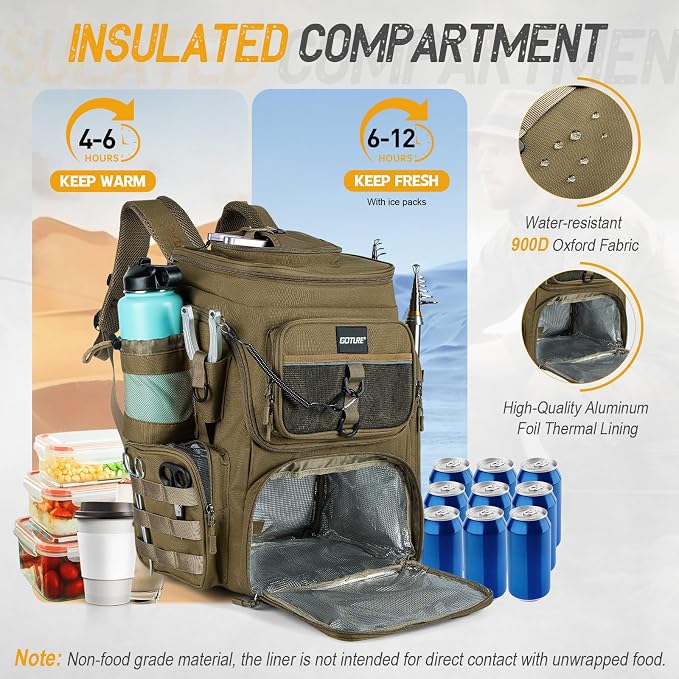 Goture Fishing Backpack with 4 Tackle Boxes, 900D Water-Resistant Tackle Backpack with Rod Holders,Insulated Cooler Compartment, 55L Large Capacity Fishing Gear Storage Bag for Saltwater & Freshwater