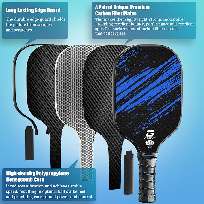 GARYE Pickleball Paddles Set of 4, Carbon Fiber Pickle Ball Paddle, USAPA Approved Lightweight Rackets 4 Pack for Adults and Teenagers, Includes 6 Balls, 1 Bag, and 4 Grip Tapes