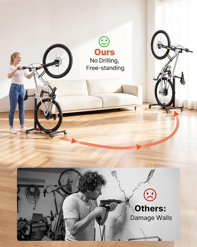 VEVOR Bike Stand 2 Pack, Freestanding Vertical & Horizontal Bike Storage Rack, with Lockable Casters, Height Adjustable Carbon Steel Upright Garage Bicycle Floor Stand, for 20-29 in Wheels, Black