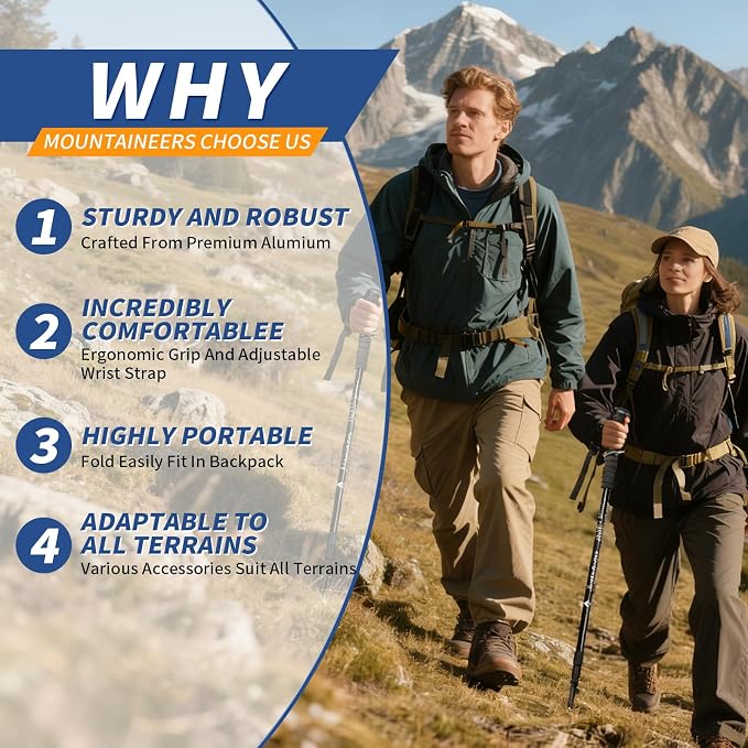 Folding Hiking Poles - 2-Piece Adjustable Trekking Poles, Lightweight Collapsible Walking Stick for Women Men Seniors, Backpacking & Travel