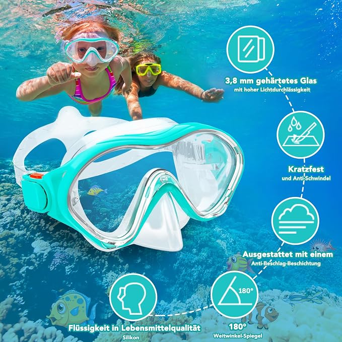 Snorkeling Gear for Kids with Foldable Silicone Full Dry Snorkel, Kids Snorkel Set Anti Leak Youth Junior Snorkeling Package Diving Mask Soft Tube with Mesh Bag Scuba Swimming Goggles
