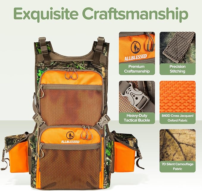 Upland Hunting Vest Backpack - Durable Orange Camo Game Vest with Multiple Pockets, Adjustable Fit, Bird Hunting Vest for Men