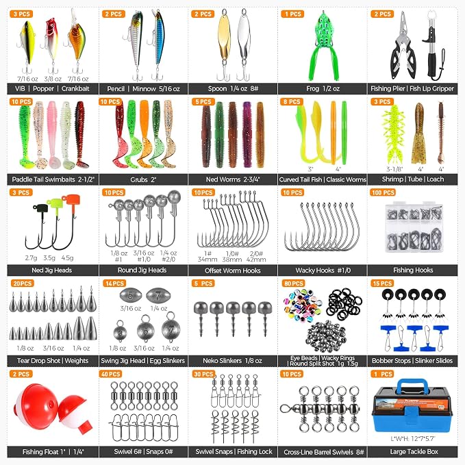 PLUSINNO Large 3 Layers Fishing Tackle Box Lures Kit with Tackle Included | Gifts for Men Kids Starter Kits, Portable Fishing Gear, 6X Larger Space, 16 Proven Rigs, for Bass Trout Panfish Sunfish