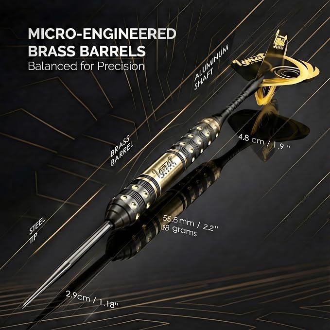 IgnatGames Steel Tip Dart Set - Brass Barrels with Tempered Steel Points, Aluminum Shafts, 16 GlideXPro Flights (Standard No. 2 + Slim), Accessories, Giftable Case