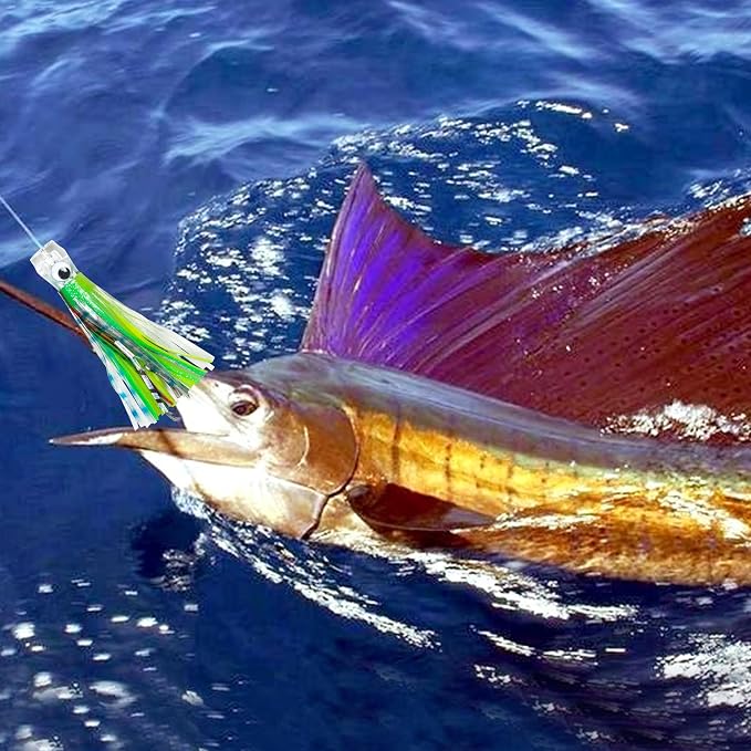 Trolling Lures Saltwater for Tuna Mahi Marlin Wahoo Dolphin Shark Offshore Trolling Baits with Squid Skirt Big Game Fishing Lures Deep Sea Squid Skirts Rig 6/9 inch