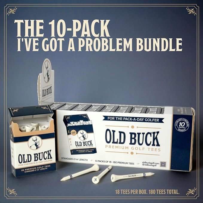 Old Buck 2 3/4" Bamboo Golf Tees, Premium Wooden Driver Tees in Cigarette-Style Carton — 18 Tees — Novelty Golf Gift for Men, Dad & Groomsmen
