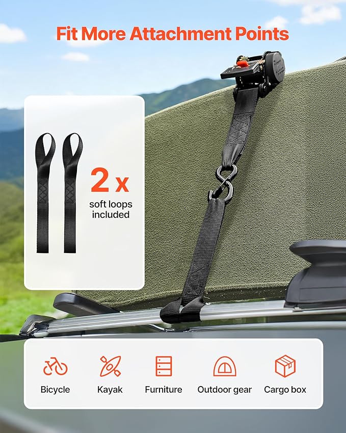 VEVOR Retractable Ratchet Straps, 2 in x 10 ft, Tie Down Straps with S Hooks, 3033 lbs Break Strength, 2 Soft Loops, Tie Down Ratcheting for Moving, Trailers, Motorcycles, Kayaks, Car Roof, 2 Pack