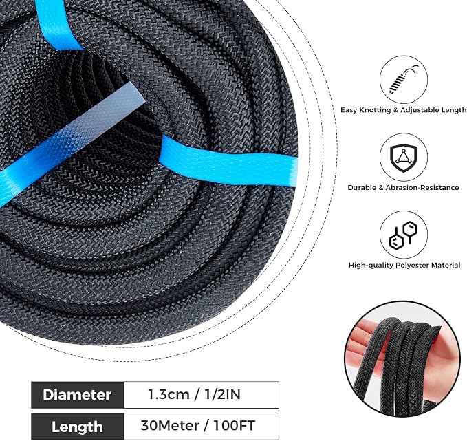 1/2 Inch Double Braided Polyester Arborist Rope, 1/2in 100ft Heavy Duty Nylon Rope for Anchor, Tree Work, Cargo, Pulling, Sailing