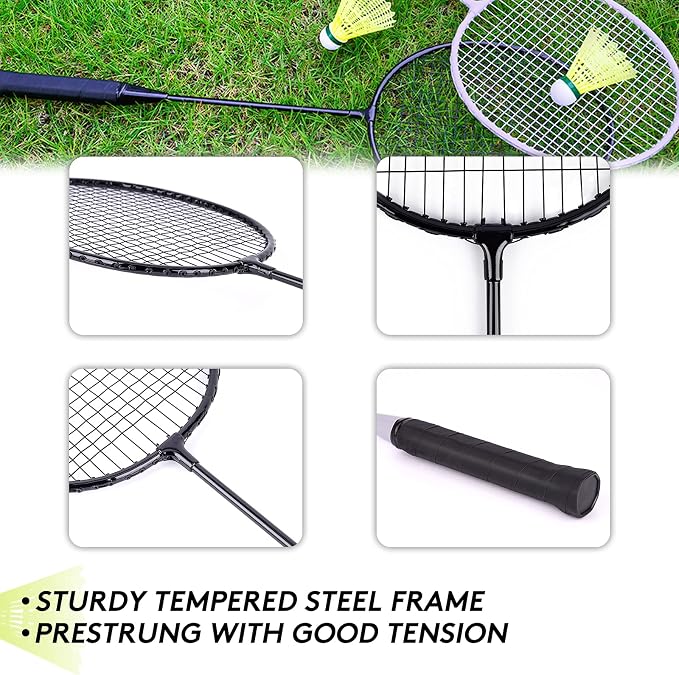 AboveGenius Badminton Rackets Set of 4 for Outdoor Backyard Games, Including 4 Rackets, 6 Nylon Badminton Shuttlecocks, Lightweight Badminton Racquets for Beginners