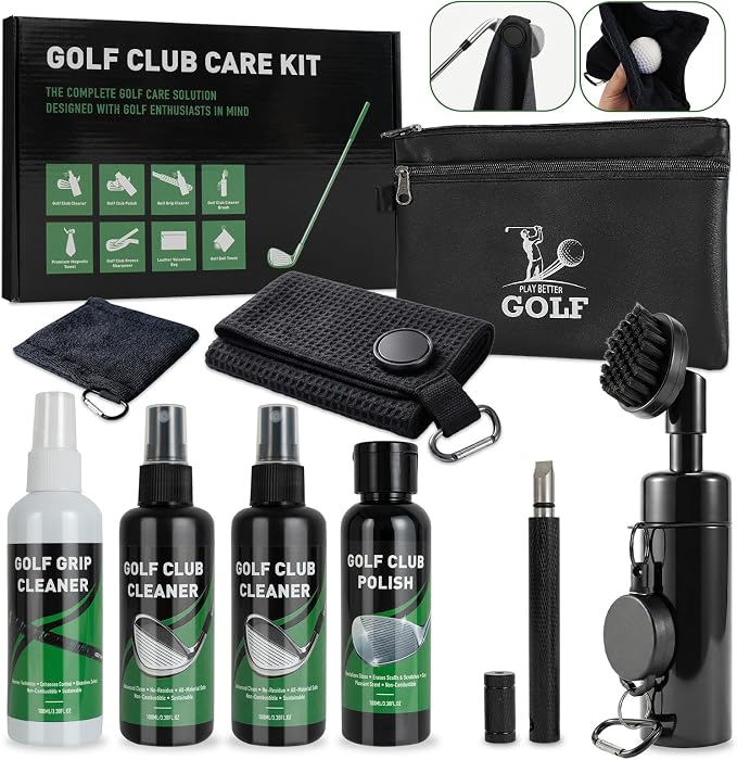 Golf Club Cleaning Kit, 8-in-1 Club Care Set with Cleaner, Brush, Groove Sharpener, Grip Cleaner, Polish, Magnetic Towel, Ball Towel & Portable Bag - Restores Shine, Removes Rust, Renews Grip